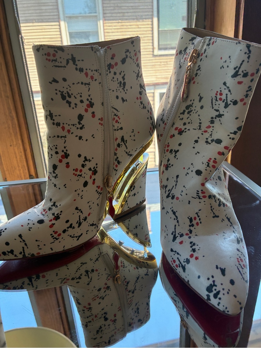 White Paint-Splatter Ankle Boots with Gold Accent - Picture 2 of 5